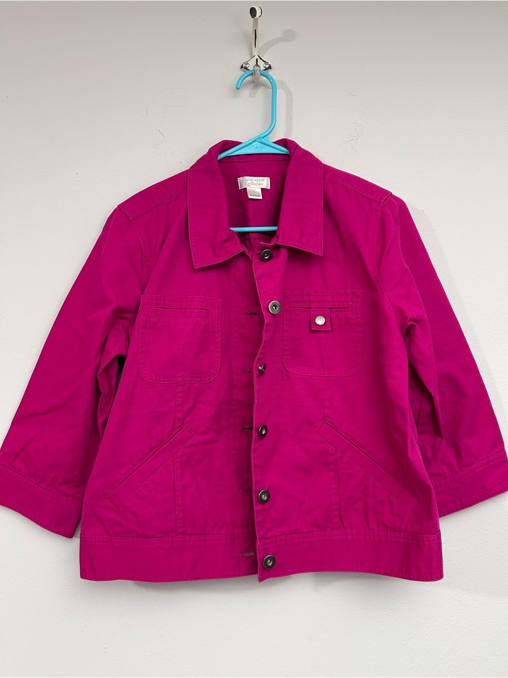 Christopher & Banks Fuchsia Button-Front Cotton 3/4 Length Sleeve Jacket Size L